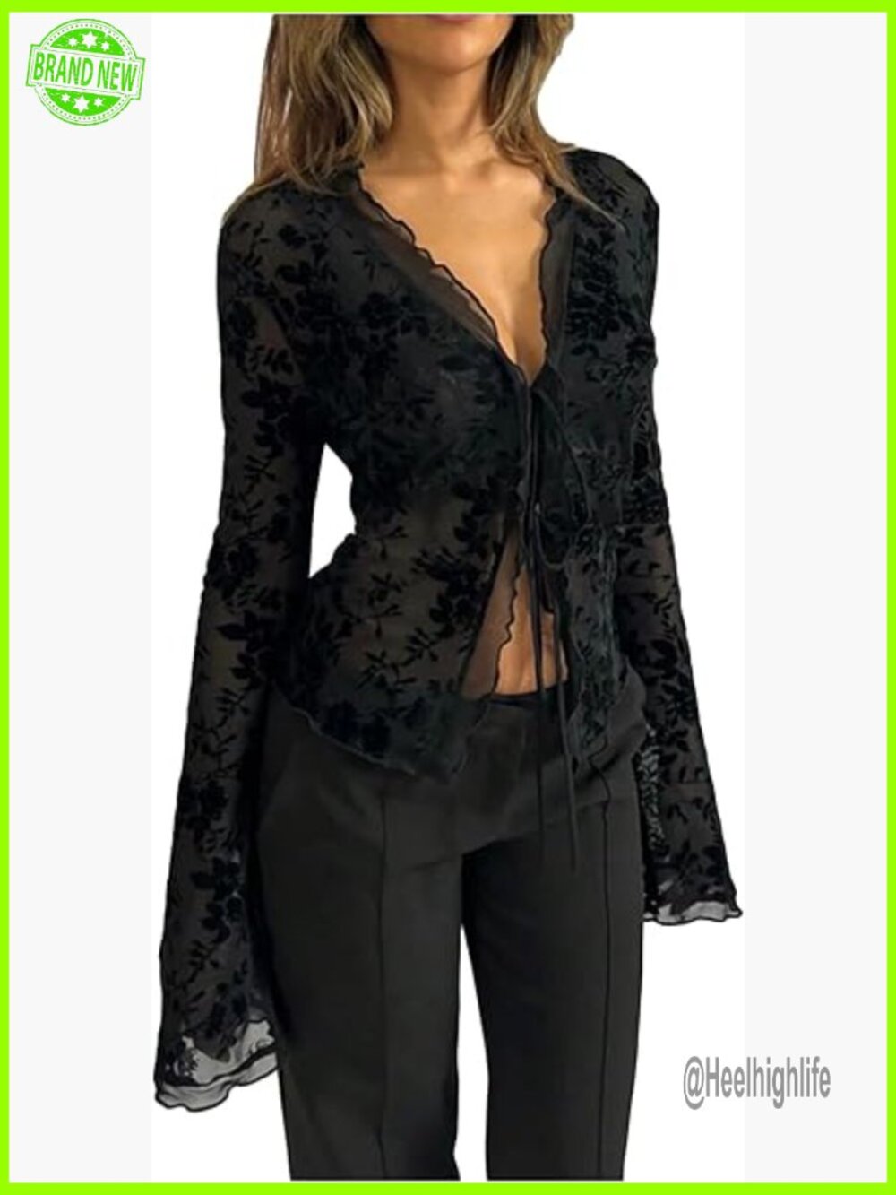 Bell Sleeve Tie Front Y2K Crop Top Sheer Going Out Mesh Long Sleeve Blouse